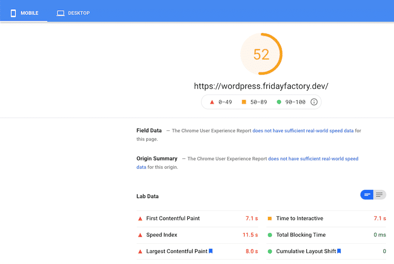 Lighthouse grade of my WooCommerce site (mobile) - Source: PSI