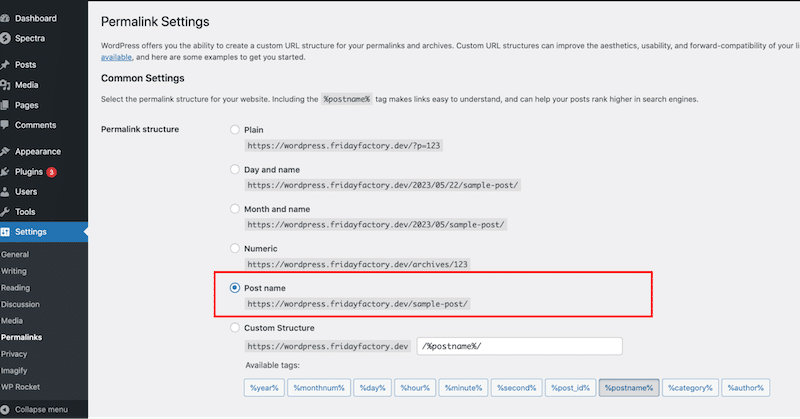 Serving optimized URLs on WordPress and WooCommerce - Source: The WordPress admin
