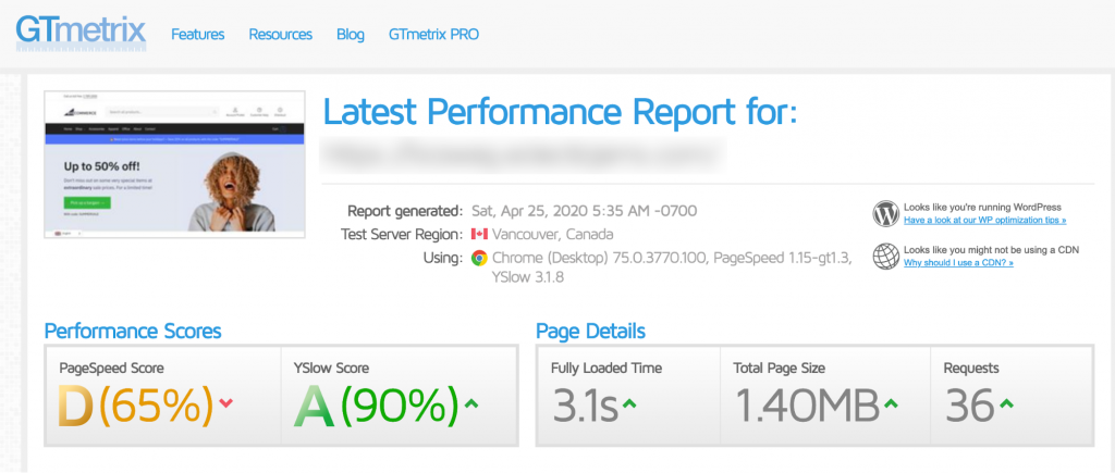 GTMetrix results with WP Rocket
