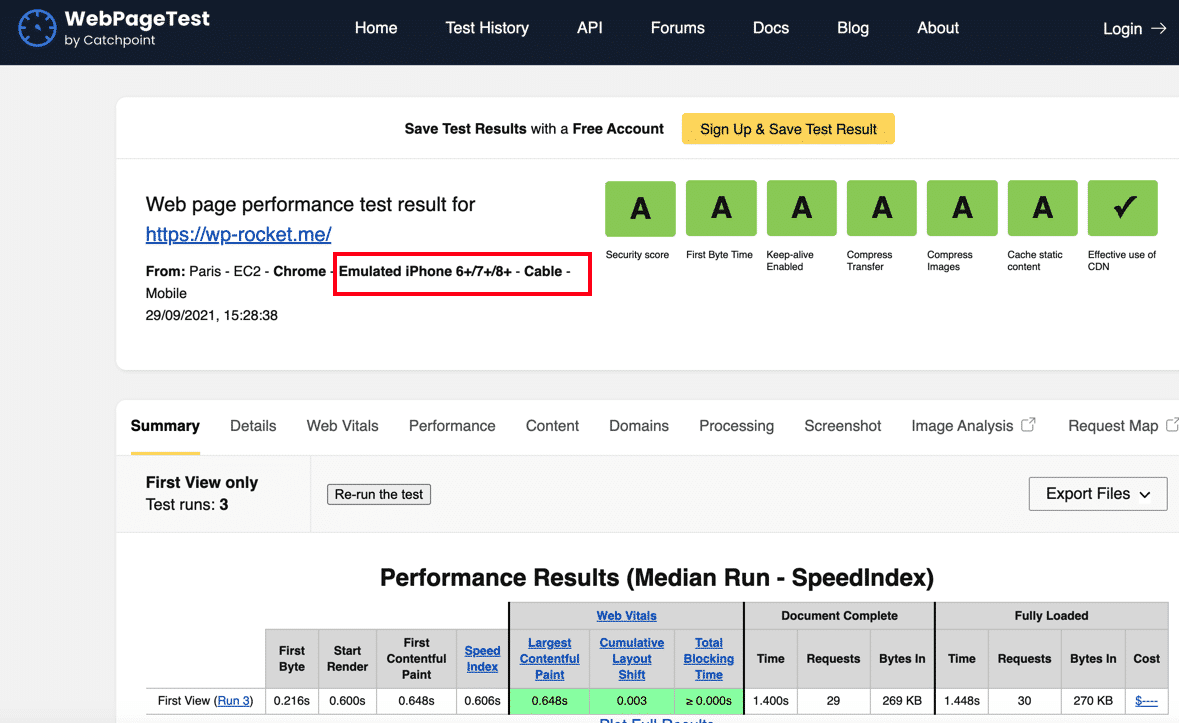 Testing my website on mobile - Source: WebPageTest
