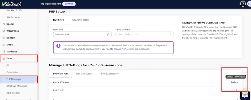 The “change PHP version” button - Source: SiteGround