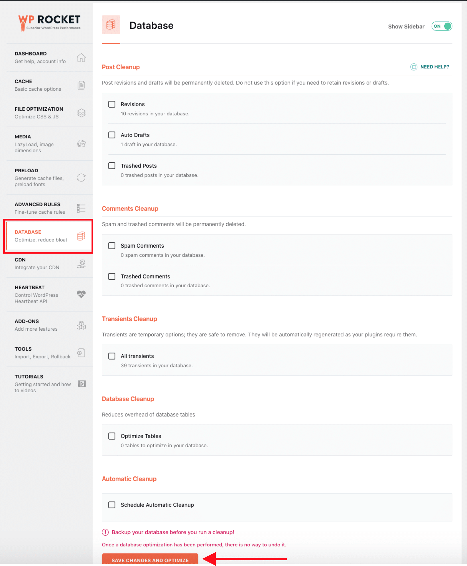 The database optimization tab - Source: WP Rocket