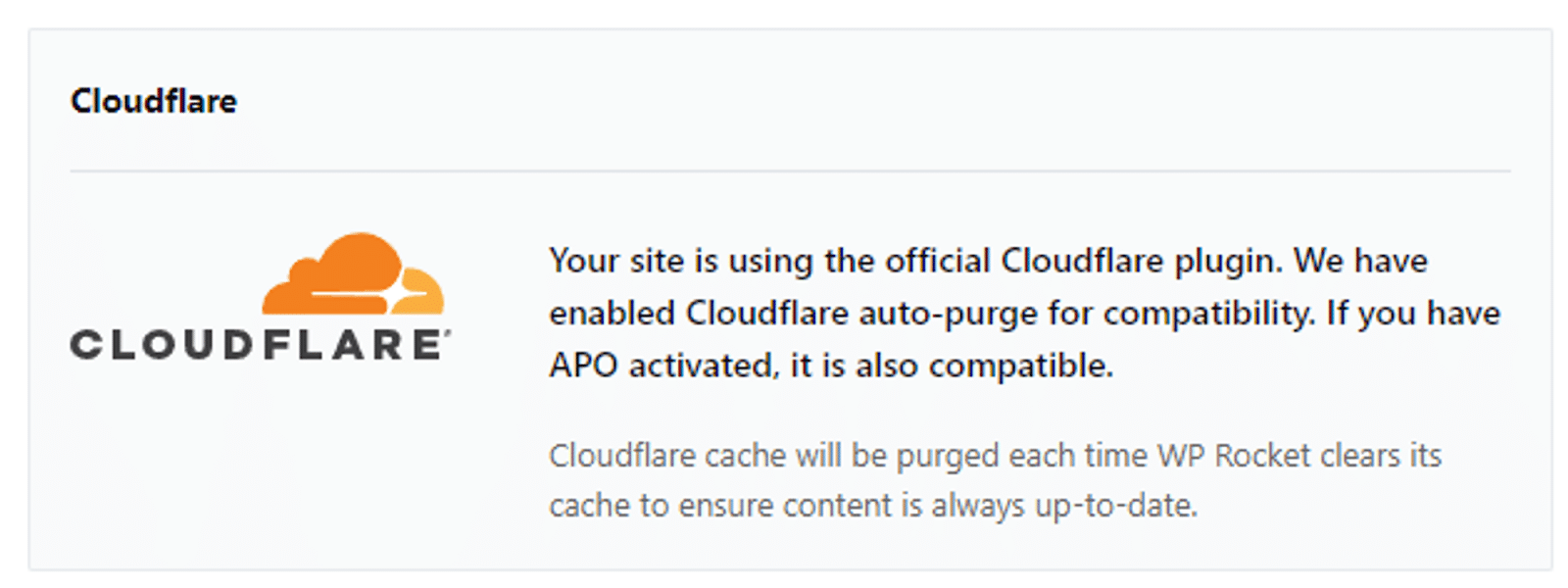 The message confirming the Cloudflare plugin works with full compatibility