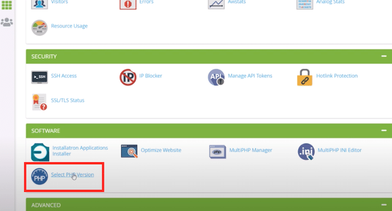 The PHP version button to upgrade PHP - Source: cPanel