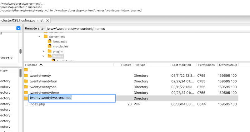 Theme renamed with the .renamed suffix to deactivate it - Source: FTP