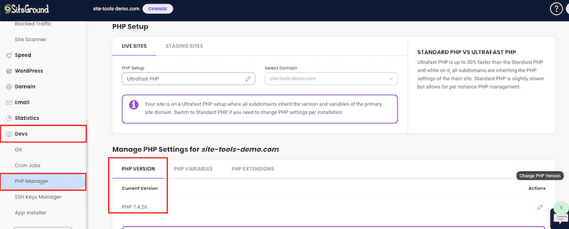 Upgrading PHP manually from the host admin panel - Source: SiteGround
