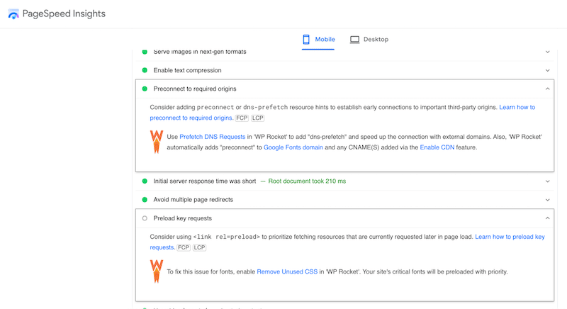 Use WP Rocket to fix the PageSpeed Insights warnings - Source: PageSpeed