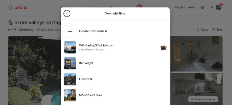 Wishlist section from Airbnb - Source: airbnb.com