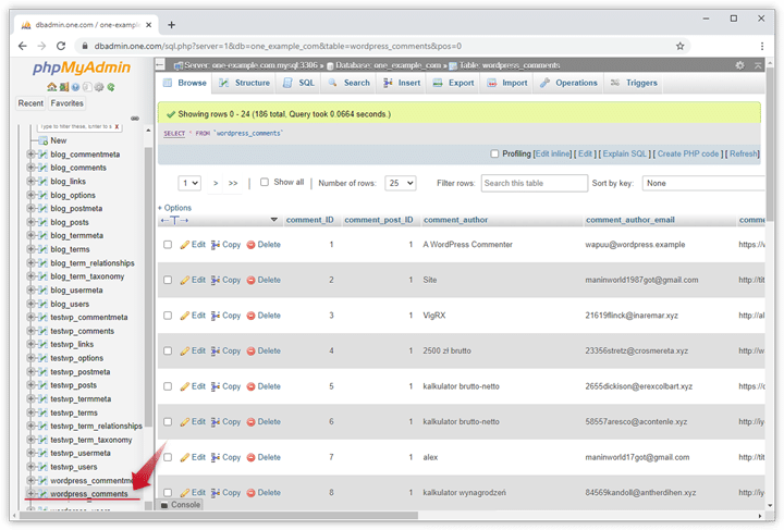 WordPress comments table - Source: onehosting
