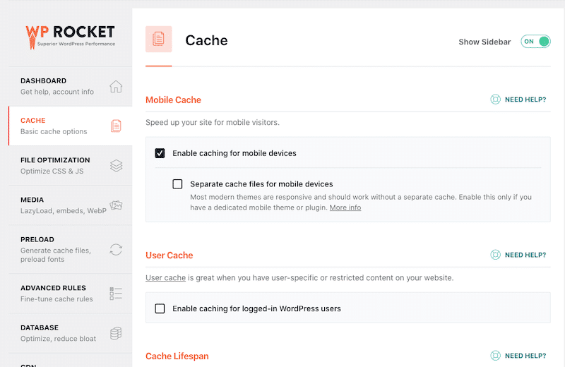 WP Rocket dashboard