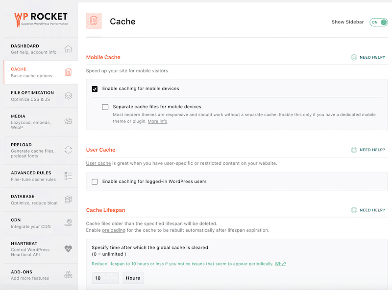 WP Rocket Dashboard on WordPress

