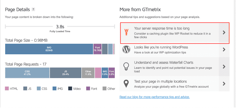 WP Rocket recommended by GTmetrix - Source: GTmetrix