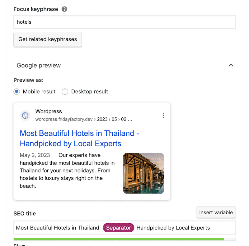 Yoast on-page recommendations (title tag) - Source: WP Rocket