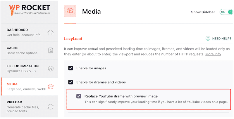 YouTube settings - Source: WP Rocket Dashboard